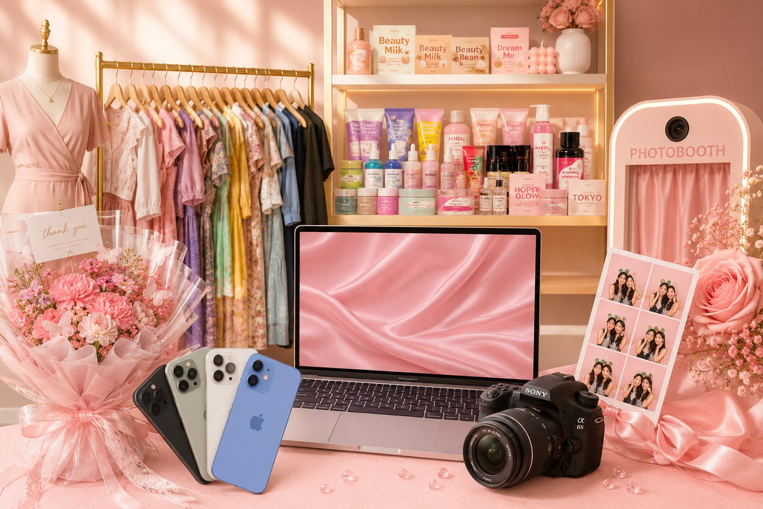 Cale Boutique marketplace showcase with fashion, skincare, flowers, rentals, and photobooth